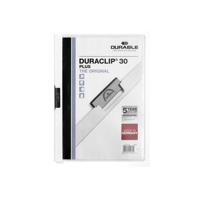 Skoroszyt zaciskowy o pojemności do 30 kartek Duraclip Plus - biały