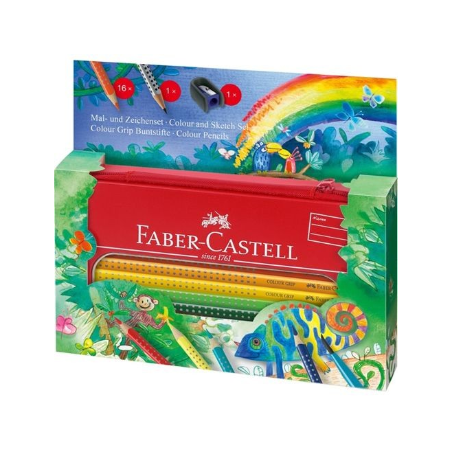 Kredki ołówkowe Faber Castell Grip Jungle - 16 kolorów + akcesoria