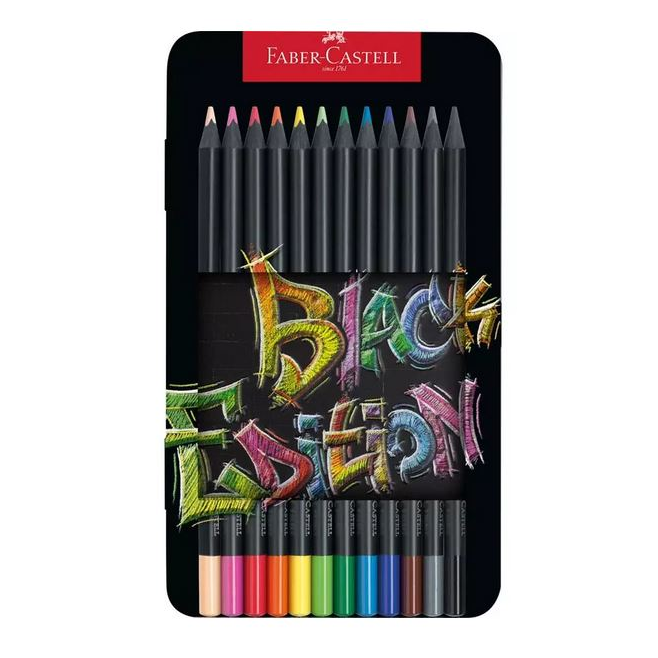Kredki ołówkowe Faber Castell Black Edition - 12 kolorów - metalowe pudełko
