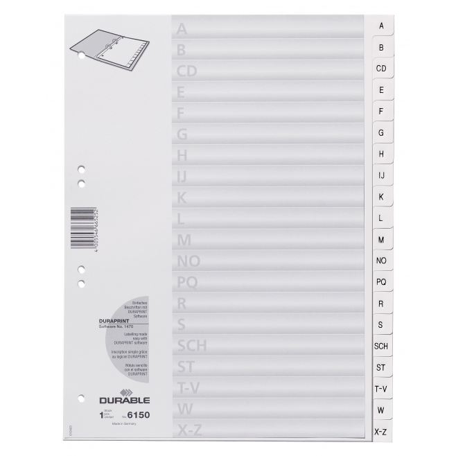 Przekładki A4 Durable alfabetyczne A-Z  / 20 części - białe  / 1 kpl.