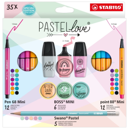 Cienkopisy Stabilo Point 88 Mini + pisaki Stabilo 68 Mini + zakreślacze Stabilo Boss Mini Pastellove + ołówki Swano pastel