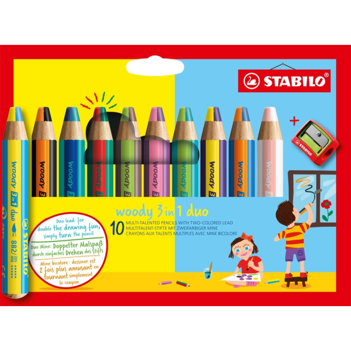 Kredki Stabilo Woody 3w1 Duo (ołówkowe / świecowe / akwarelowe) 10k - z temperówką